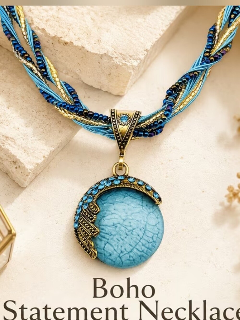 Turquoise Blue Boho Statement Necklace with Antique Gold Accents